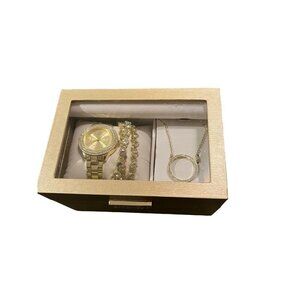 NEW Folio Women's Gift Set; Gold Tone Bracelet Watch, Bracelet, & Necklace